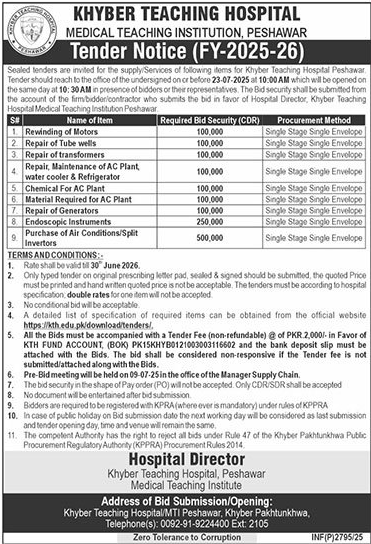 Khyber Teaching Hospital Peshawar Tender Notice